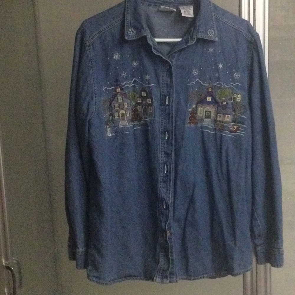 Embroidered Denim Shirt with Winter Scene